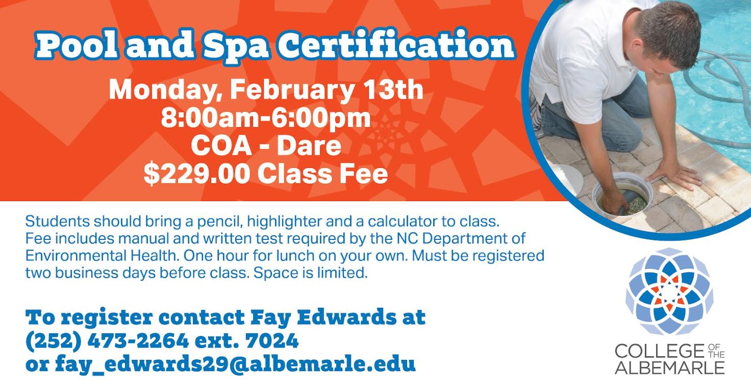 One-day pool and spa state certification class offered at COA-Dare on Feb. 13
